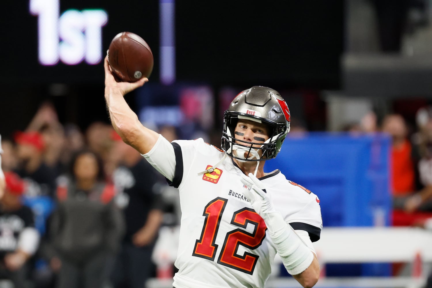 Buccaneers quarterback Tom Brady throws during warmups Sunday in Atlanta. (Miguel Martinez / miguel.martinezjimenez@ajc.com)