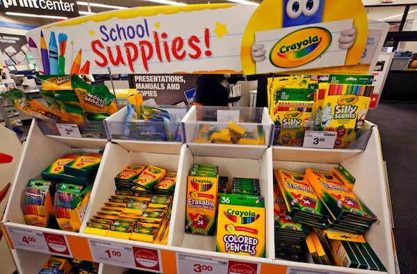 This is a display of back to school crayons and markers in a Staples in Pittsburgh, Wednesday, July 18, 2018. (AP Photo/Gene J. Puskar)