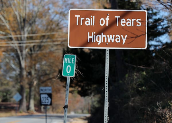 A Trail of Tears Highway sign is seen near the New Echota Historic Site on Tuesday, Dec. 8, 2020, in Calhoun. New Echota is one of the most significant Cherokee Indian sites in the nation and marks the beginning of the tragic Trail of Tears.  Curtis Compton / Curtis.Compton@ajc.com