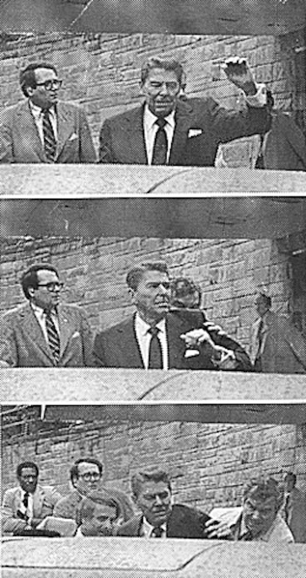 A series of stunning photos show the moment when gunfire rang out toward President Ronald Reagan on March 30, 1981. The commander in chief had been waving to a crowd of reporters when shots caused him to instinctively lower his arm. Secret Service agents abruptly shoved the president to the backseat of the presidential limo in a matter of seconds.