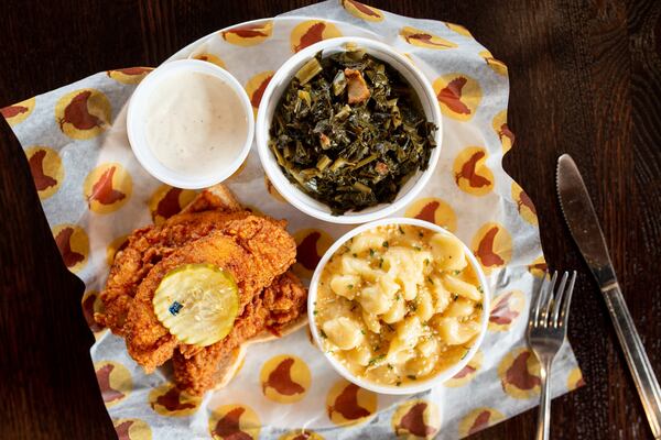 Joella's Hot Chicken Jumbo Tenders with Creamy Mac and Cheese and Collard Greens. Photo credit- Mia Yakel.