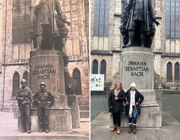 Lt. Archibald Farrar stands beside his friend in front of the Johann Sebastian Bach statue in Leipzig, Germany, in 1945. Janet Byington and her daughter Emily Johnson recreated the image last month during their trip to Leipzig. (Provided by Janet Byington)