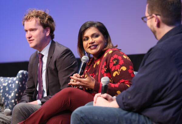 ATLANTA, GA - FEBRUARY 06: Writer Matt Warburton, Writer and Actor Mindy Kaling, and TV Guide Senior Writer Damian Holbrook speak at "The Mindy Project" event during aTVfest 2016 presented by SCAD on February 6, 2016 in Atlanta, Georgia. (Photo by Catrina Maxwell/Getty Images for SCAD)