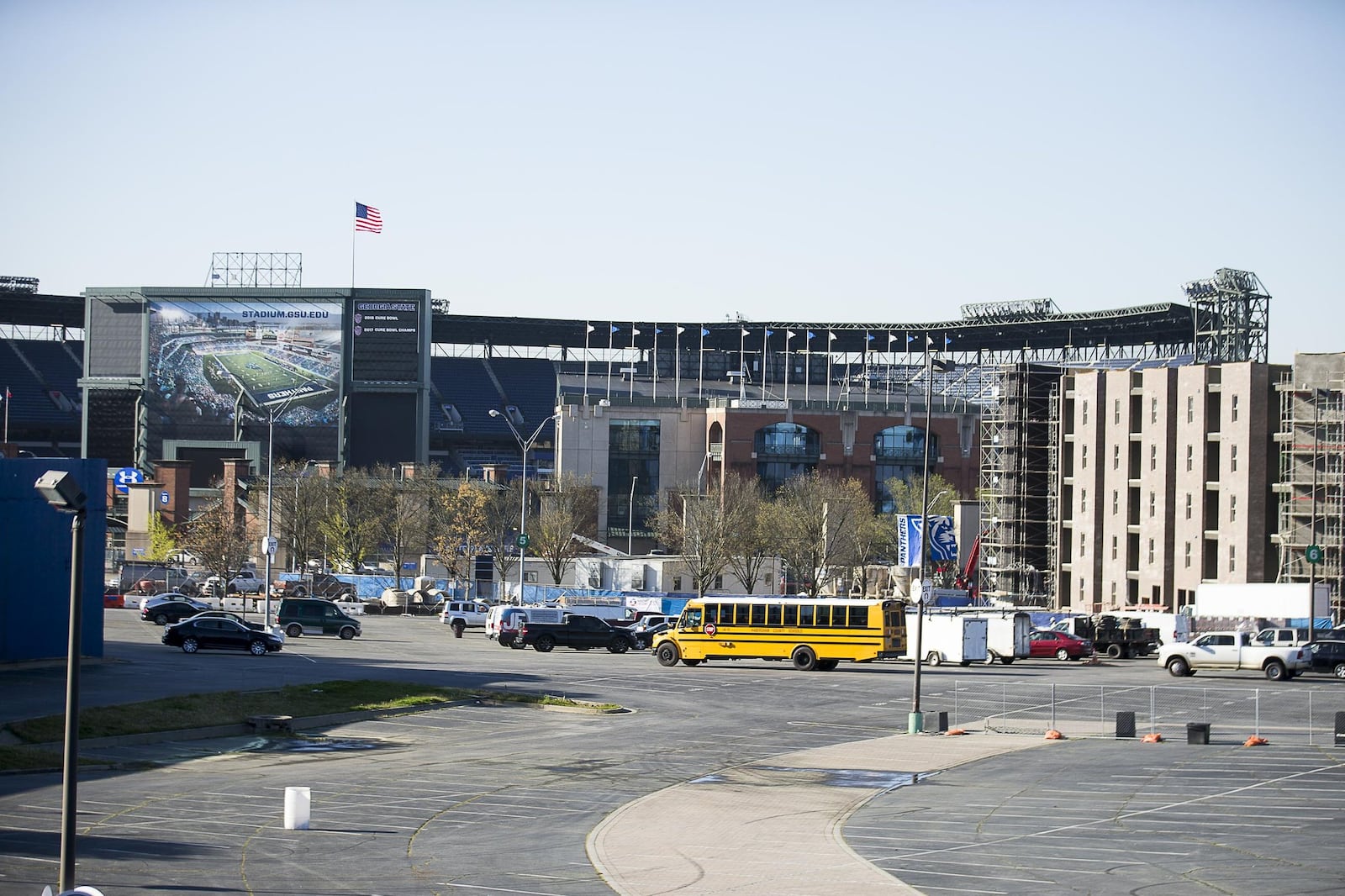 The Aspen Heights Georgia State University off-campus housing unit, right, is under construction across the street from the Georgia State Stadium, both along Georgia Avenue, in the Summerhill community. 