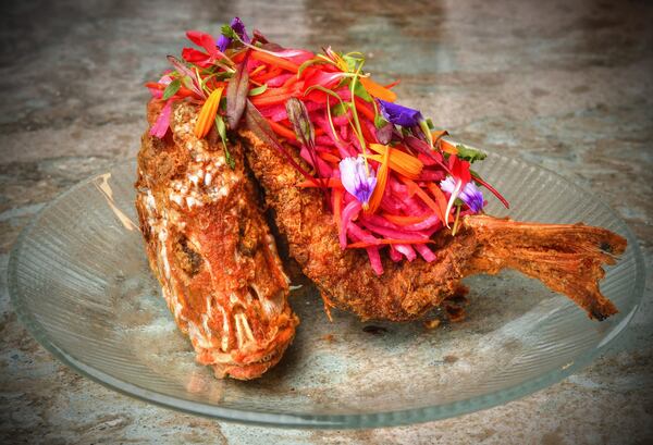 Fried Snapper with Pickled Vegetables, from Apt. 4B, 2293 Peachtree Road, Atlanta. Styling by Rachel Levy / Chris Hunt for the AJC