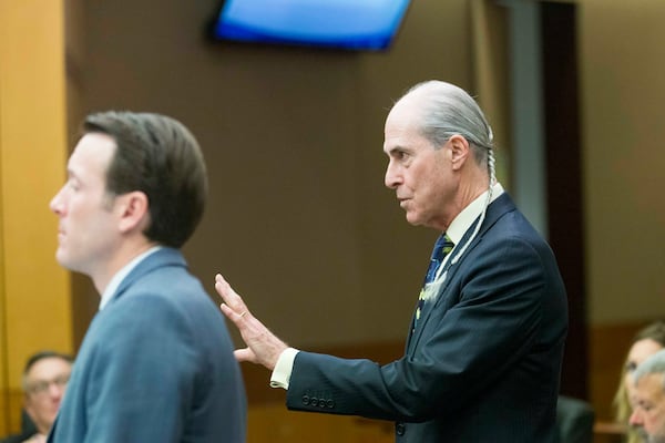 03/09/2018 -- Atlanta, GA - Defense Attorney Bruce Harvey, right, objects to a question posed by Fulton County Assistant District Attorney Adam Abatte during the fifteenth day of the Tex McIver trial before Fulton County Chief Judge Robert McBurney on Monday, March 9, 2018. ALYSSA POINTER/ALYSSA.POINTER@AJC.COM