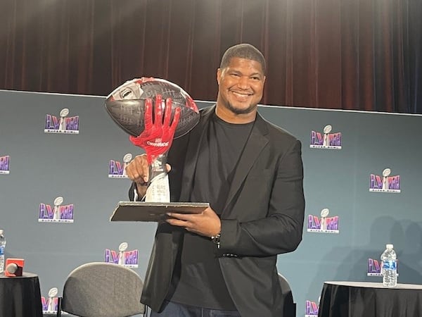 Falcons defensive end Calais Campbell with the NFLPA'S Alan Page Community Awards on Wednesday, February 7, 2024 at the Mandalay Bay in Las Vegas.