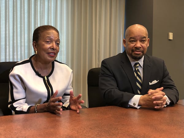 Former Atlanta Housing Authority CEO Renee Glover, left, speaks with her attorney, William B. Hill Jr., during an interview at WSB-TV in Midtown Atlanta on Monday, August 06, 2018. J. SCOTT TRUBEY/STRUBEY@AJC.COM