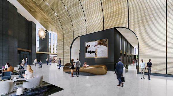 A rendering of the planned renovations to Bank of America Plaza's 20,000-square-foot lobby. (Courtesy of CP Group)