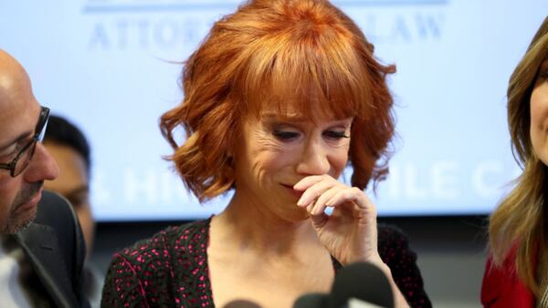 WOODLAND HILLS, CA - JUNE 02:  Kathy Griffin speaks during a press conference at The Bloom Firm on June 2, 2017 in Woodland Hills, California.  Griffin is holding the press conference after a controversial photoshoot where she was holding a bloodied mask depicting President Donald Trump and to address alleged bullying by the Trump family.  (Photo by Frederick M. Brown/Getty Images)