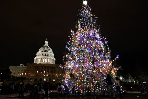 A Christmas tree is displayed in front of the U.S. Capitol a year ago.