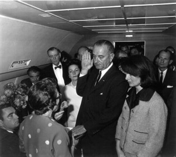 379570 24: Lyndon B. Johnson takes the oath of office as President of the United States, after the assassination of President John F. Kennedy November 22, 1963. (Photo by National Archive/Newsmakers)