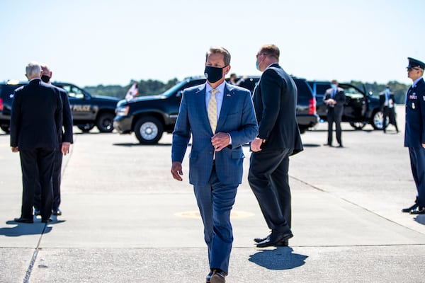 09/30/2020 - Marietta, Georgia - Georgia Gov. Brian Kemp after greeting Vice President Mike Pence as he arrived on Air Force Two at Dobbins Air Reserve Base in Marietta, Georgia, Wednesday, September 30, 2020.  (Alyssa Pointer / Alyssa.Pointer@ajc.com)