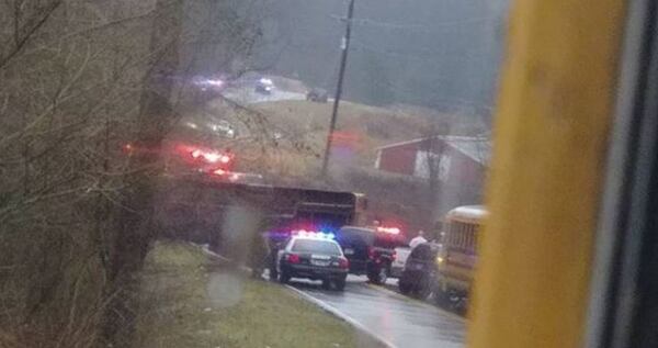 A Clear Creek Middle School bus rolled on its side Monday afternoon. (Credit: Canyon Adams)