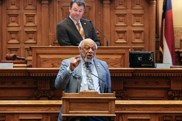 Sen. David Lucas, D-Macon, speaks Friday in opposition to Senate Bill 465, legislation to create a special committee to investigate Fulton County District Attorney Fani Willis. "Here we are (with) bedroom politics — allegations about somebody going somewhere, sleeping with somebody. ... Boy I’m telling you, y’all amaze me,” Lucas said. (Natrice Miller/ Natrice.miller@ajc.com)