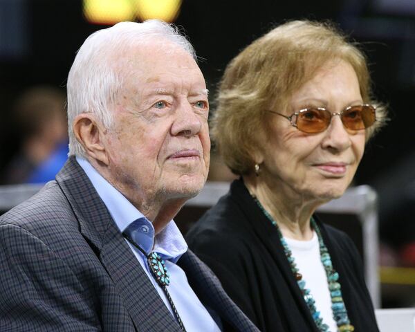 Former president Jimmy Carter and first lady Rosalynn Carter are on the sidelines for the Falcons and Bengals in a NFL football game on Sept 30, 2018, in Atlanta. (Curtis Compton/The Atlanta Journal-Constitution/TNS)