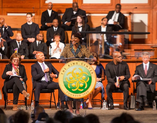 Reverend Dr. Bernice A. King speaks during the Dr. Martin Luther King Jr. Day service on Monday, January 16, 2023, at Ebenezer Baptist Church in Atlanta. The church hosted a full program of speakers and performances to commemorate Dr. Martin Luther King Jr.'s birthday and legacy. CHRISTINA MATACOTTA FOR THE ATLANTA JOURNAL-CONSTITUTION.