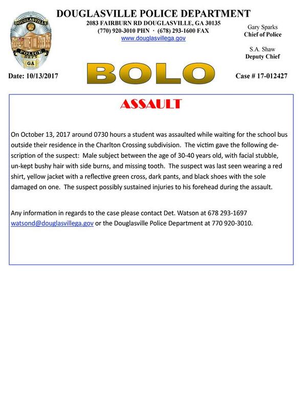 Police issued a lookout after a girl was assaulted at a bus stop. (Credit: Douglasville Police Department)