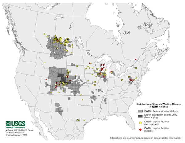 Distribution of Chronic Wasting Disease in North America, updated January 2019.