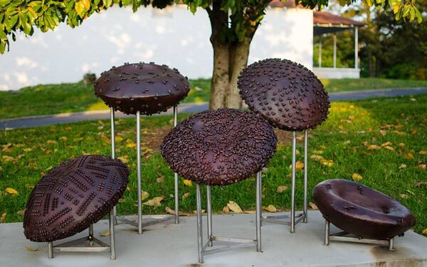 "O Positive" by Chicago artist Michelle Goldstrom-Lanning is located in the Robert T. Webb Sculpture Garden. It puts a modern spin on bronze casting to create the appearance of blood cells.