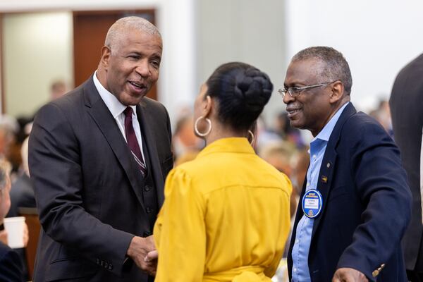 Robert F. Smith (left), founder and CEO of Vista Equity Partners, is seen at a Rotary Club of Atlanta event at the Loudermilk Conference Center in Atlanta on Monday, April 1, 2024. (Arvin Temkar / arvin.temkar@ajc.com)