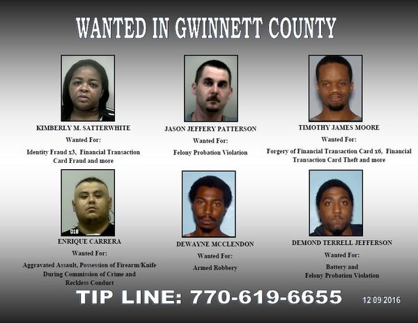 These six fugitives are included on the Gwinnett County Sheriff's Office list of wanted suspects released Dec. 9, 2016.