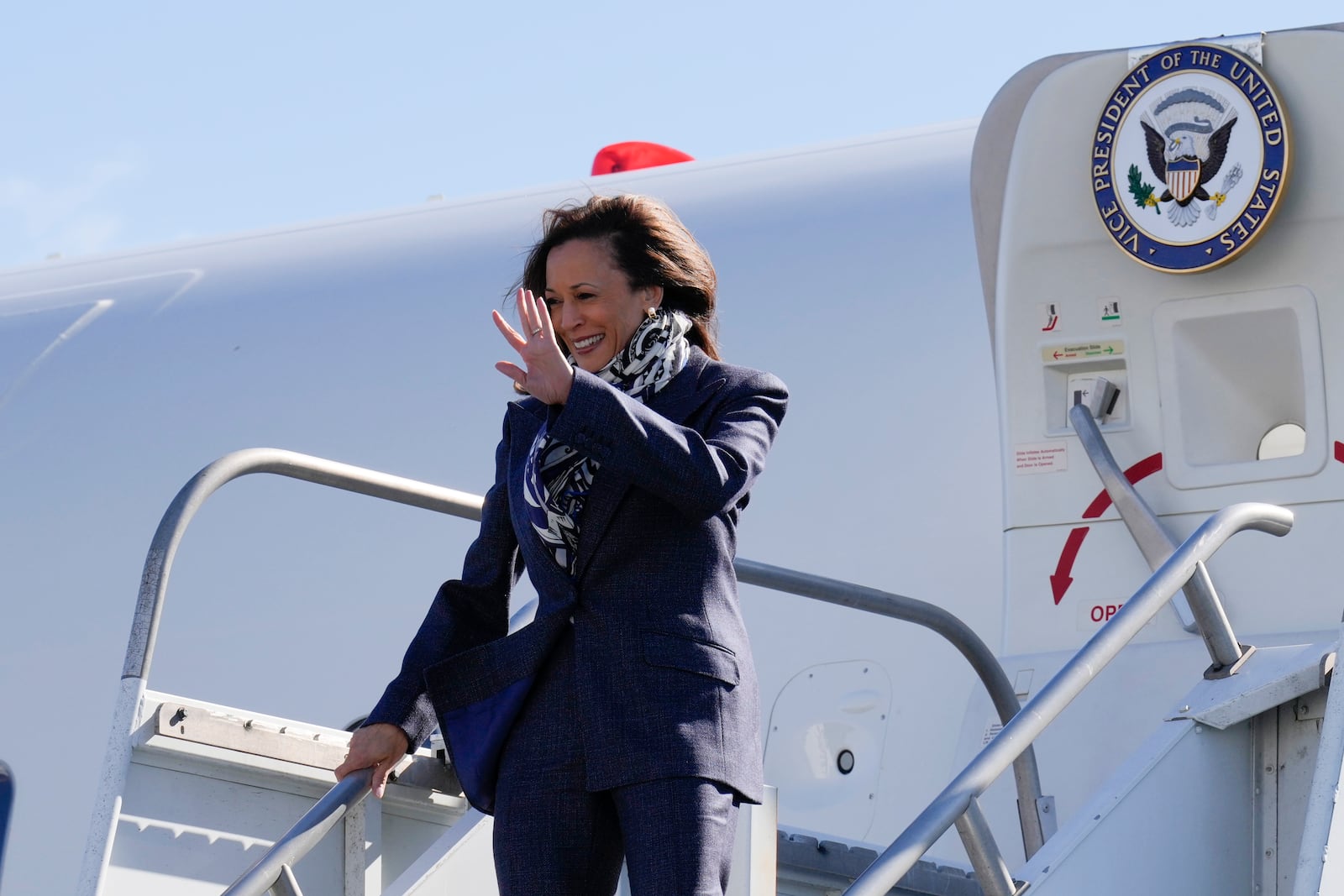 Democratic presidential nominee Vice President Kamala Harris, arrives at Trenton-Mercer Airport, in Mercer County, New Jersey, Wednesday, Oct. 16, 2024, en route to a campaign rally in Pennsylvania. (AP Photo/Jacquelyn Martin)