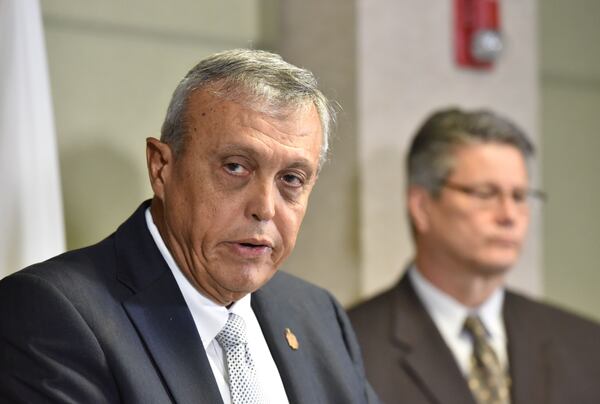 Cobb Commission Chairman Mike Boyce speaks during a press conference at Emergency Operations Center in Marietta on Thursday, August 31, 2017.  HYOSUB SHIN / HSHIN@AJC.COM