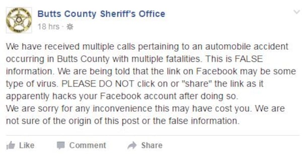 The Butts County Sheriff’s Office is warning of a false story on Facebook. (Credit: Facebook/ButtsCountySheriff)