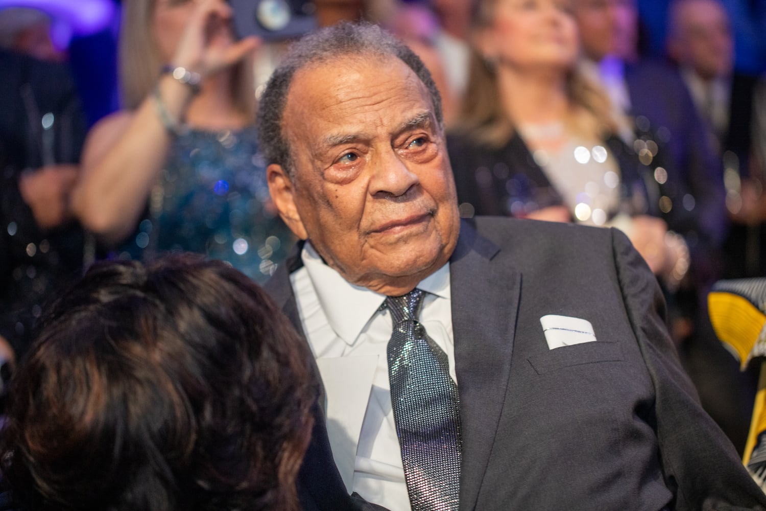 Ambassador Andrew Young delivers the invocation to begin Delta Airlines’ celebration of its 100 year anniversary on Saturday, March 15, 2025 at the Delta Flight Museum.  Young participated despite his youngest daughter’s death the day before. (Jenni Girtman for The Atlanta Journal-Constitution)