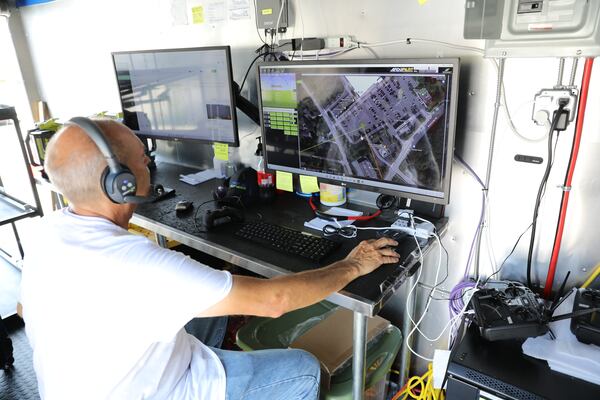 The Drone Express control room will monitor the drone from departure to the final destination when the new Papa John's new delivery program is running. The latest drone delivery service to customers will run to the public in the following weeks. Thursday, June 16, 2022.  Miguel Martinez / miguel.martinezjimenez@ajc.com