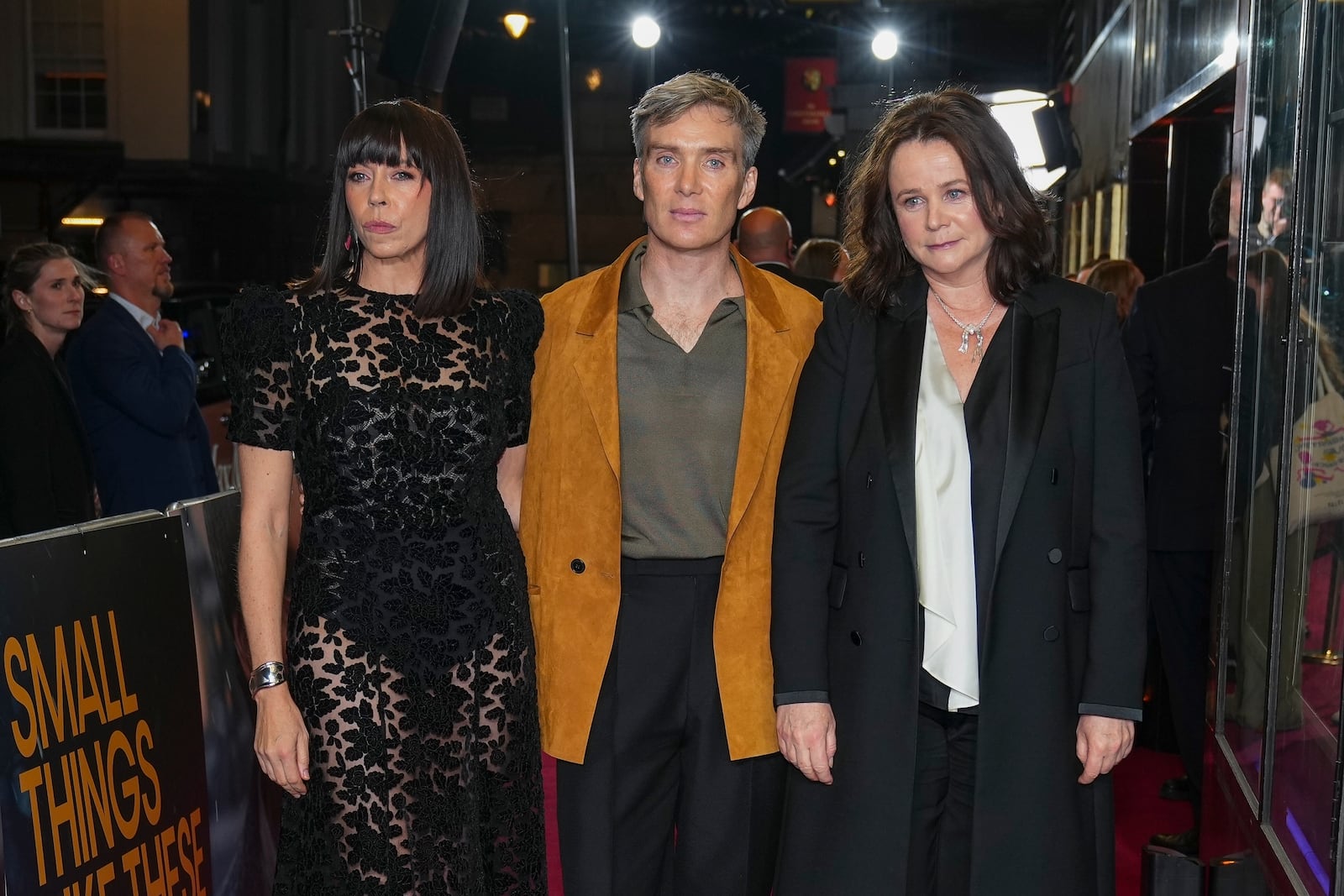 Eileen Walsh, from left, Cillian Murphy and Emily Watson pose for photographers upon arrival at the premiere of the film 'Small Things Like These' on Thursday, Oct. 24, 2024, in London. (Photo by Scott A Garfitt/Invision/AP)