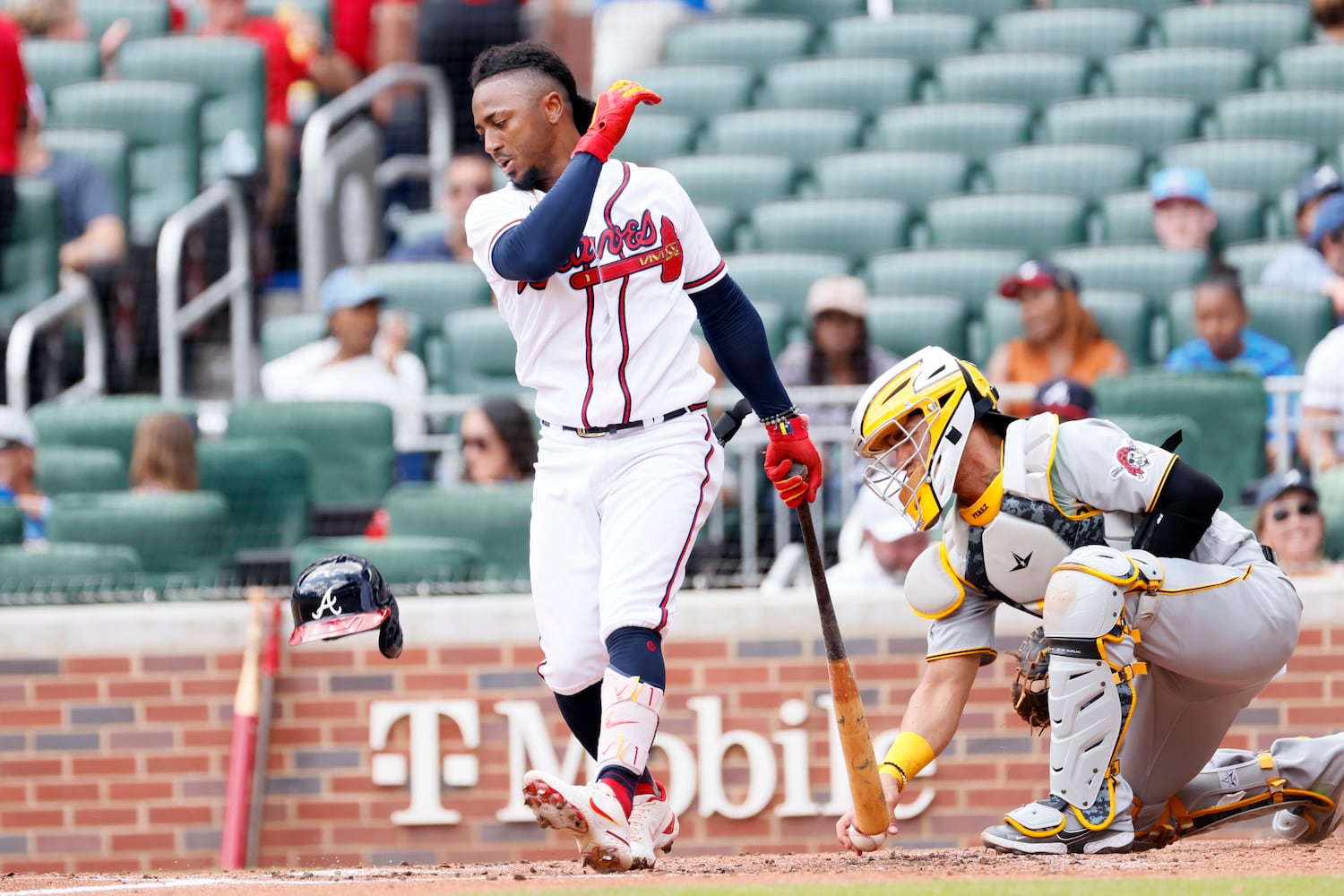 Atlanta second baseman Ozzie Albies reacts after striking during the first inning Sunday, June 12, 2022, in Atlanta. (Miguel Martinez / miguel.martinezjimenez@ajc.com)