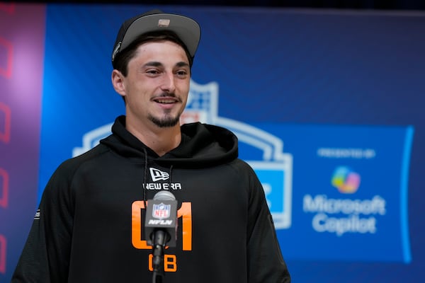 Minnesota quarterback Max Brosmer speaks during a press conference at the NFL football scouting combine Friday, Feb. 28, 2025, in Indianapolis. (AP Photo/George Walker IV)