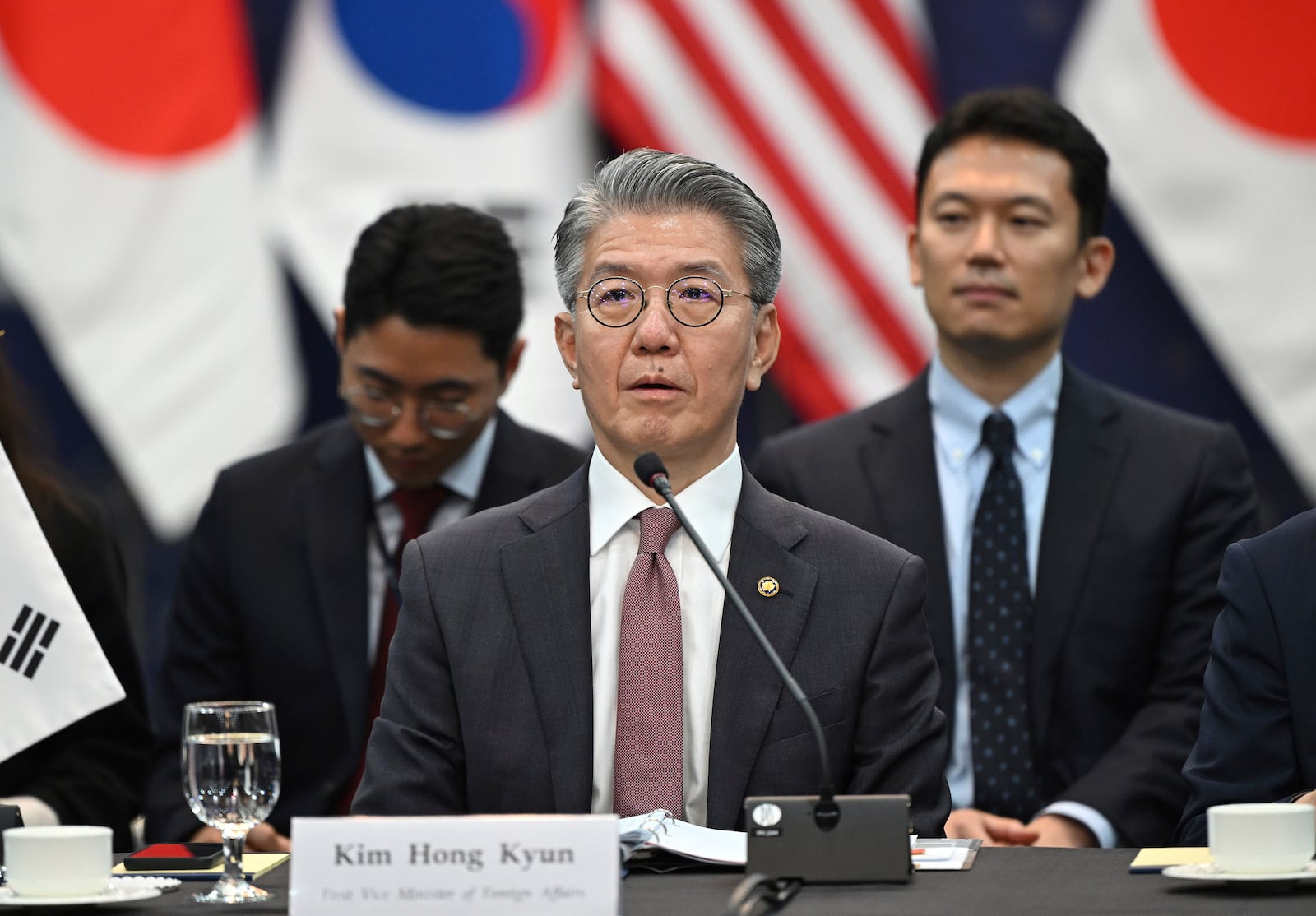 South Korea's First Vice Foreign Minister Kim Hong-kyun, center, attends a trilateral meeting with United States Deputy Secretary of State Kurt Campbell, unseen, and Japan's Vice Foreign Minister Masataka Okano, unseen, at the Foreign Ministry in Seoul Wednesday, Oct. 16, 2024. (Jung Yeon-je/Pool Photo via AP)