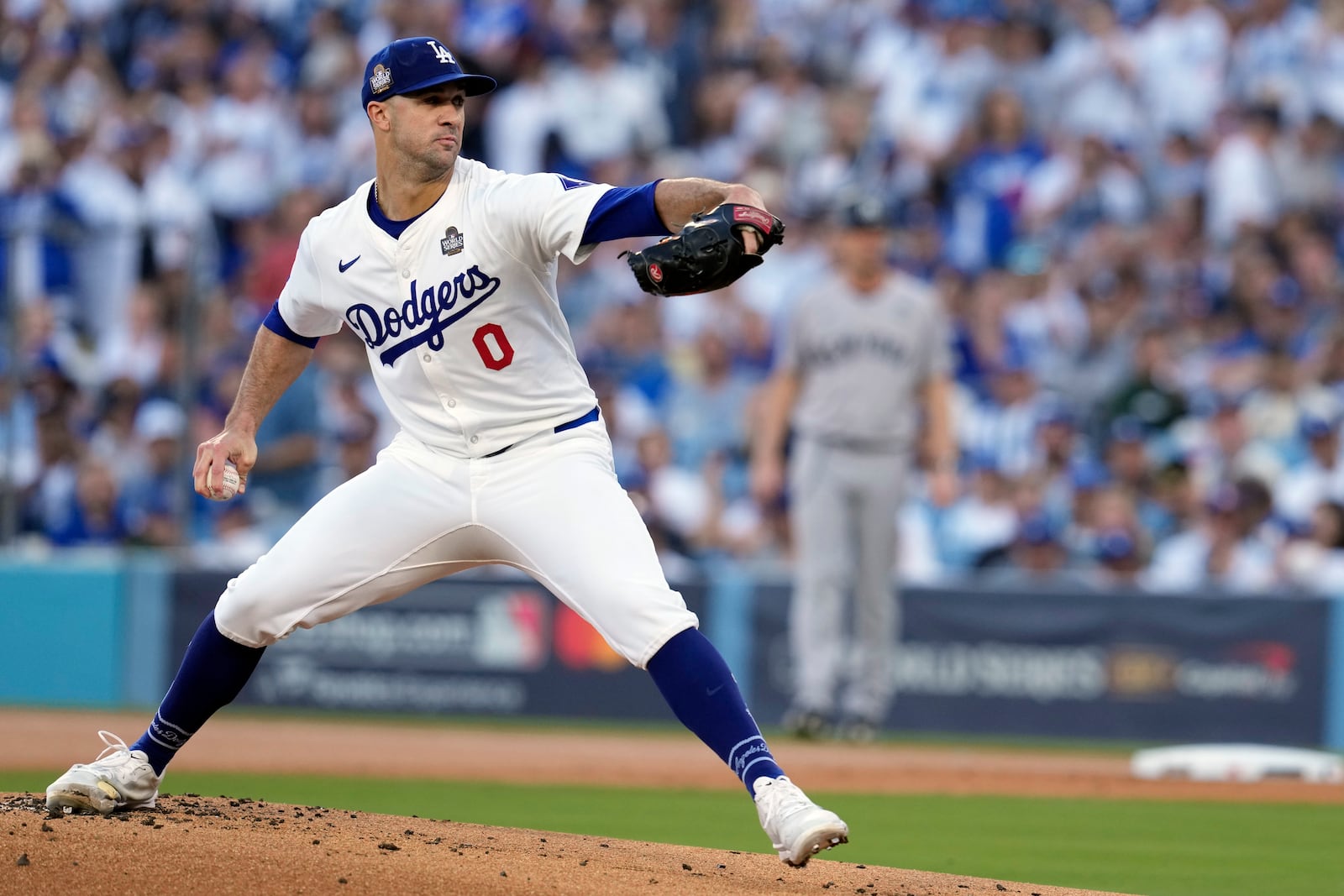 Los Angeles Dodgers starting pitcher Jack Flaherty throws against the New York Yankees during the first inning in Game 1 of the baseball World Series, Friday, Oct. 25, 2024, in Los Angeles. (AP Photo/Godofredo A. Vásquez)