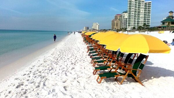 The beach in front of the Hilton Sandestin Beach Golf Resort and Spa in Sandestin, a 2,400-acre resort in South Walton in the Florida Panhandle.