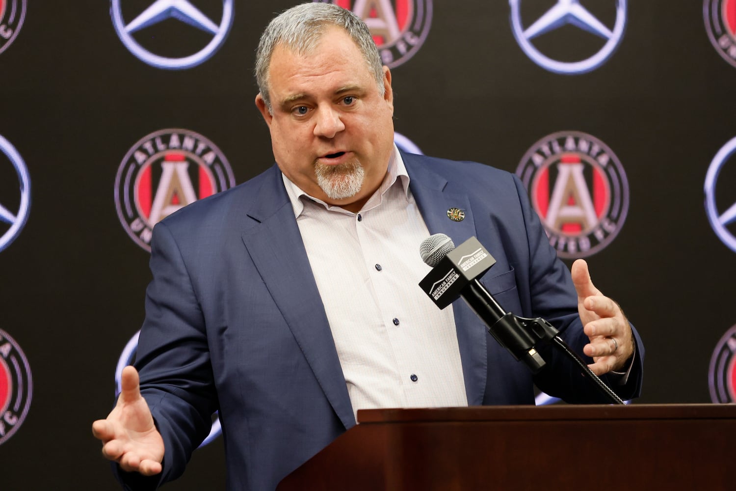 Atlanta United CEO/President Garth Lagerwey answers a question during his introductory news conference Tuesday.  (Miguel Martinez / miguel.martinezjimenez@ajc.com)
