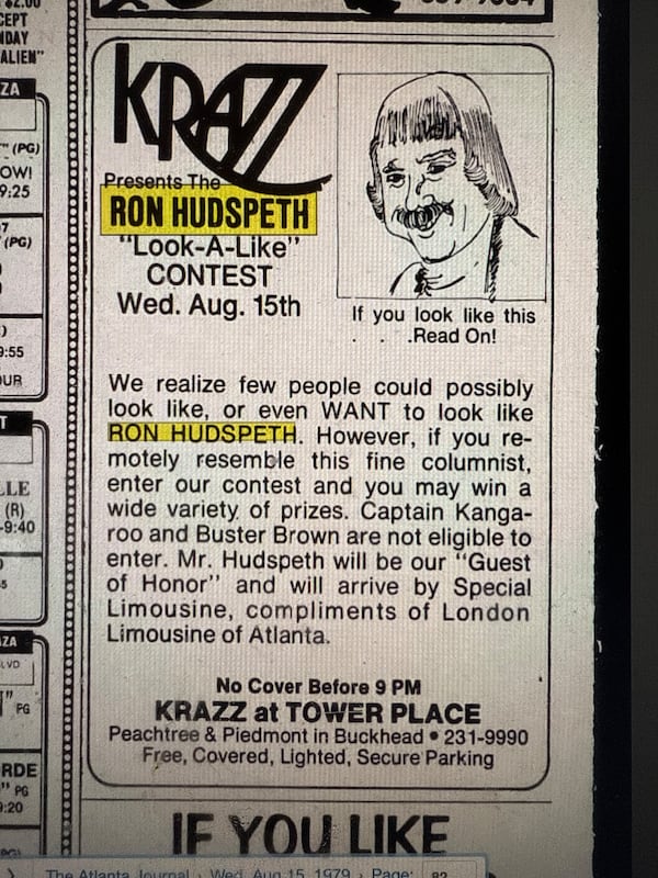 Ron Hudspeth was so popular in 1979 that Krazz disco in Buckhead once held a look alike contest. AJC file