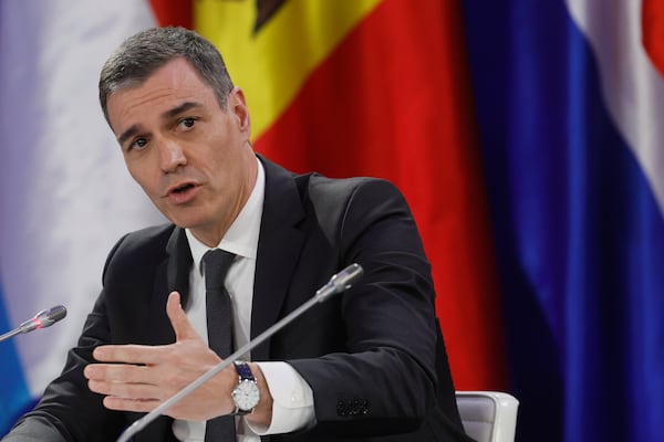 Spain's Prime Minister Pedro Sanchez attends a press conference after the "Support Ukraine" summit, marking the third anniversary of the Russian invasion, in Kyiv, Ukraine, Feb. 24, 2025. (Gleb Garanich/Pool Photo via AP)