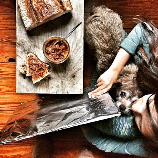 News & Observer food photojournalist Juli Leonard's daughter, Tula, helps during a photo shoot while holding a reflector and keeping their small dog, Franny, from stealing the bacon jam. (Juli Leonard/Raleigh News & Observer/TNS)