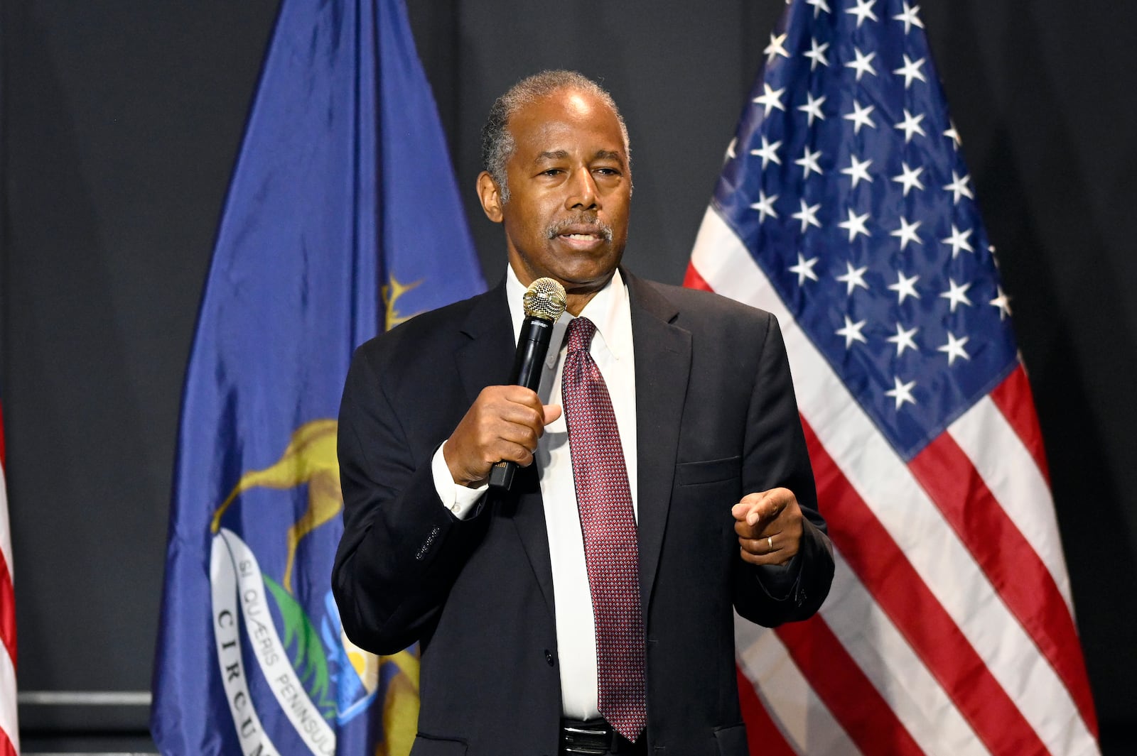 Ben Carson addresses supporters of Republican presidential nominee former President Donald Trump, Saturday, Oct. 5, 2024, in Livonia, Mich. (AP Photo/Jose Juarez)