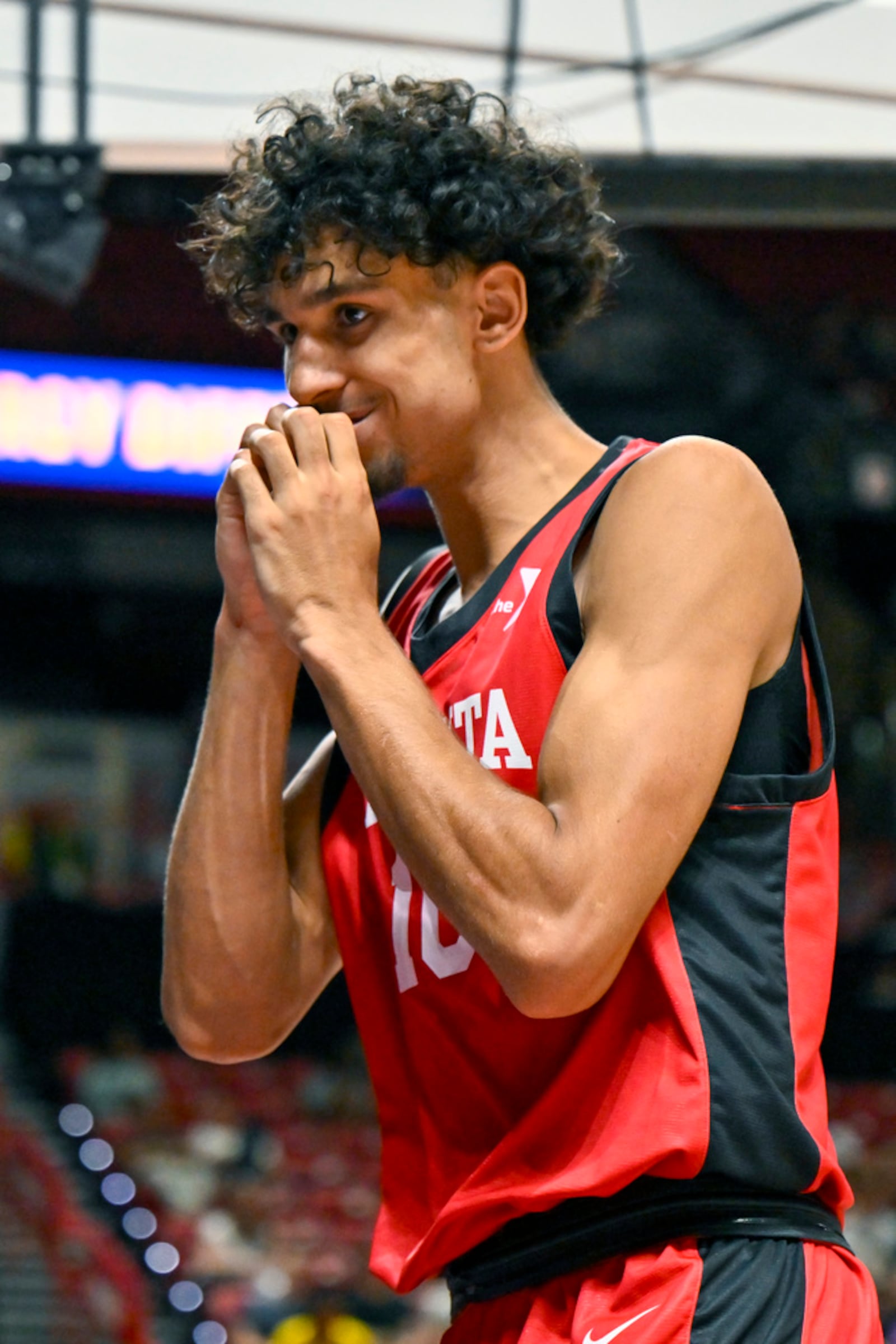 Atlanta Hawks forward Zaccharie Risacher (10) reacts after a play during the second half of an NBA summer league basketball game against the Washington Wizards Friday, July 12, 2024, in Las Vegas. (AP Photo/David Becker)