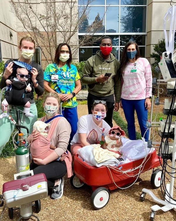 Because he was living and working from his daughters' room, Jonathan Jones was there when Ava and Averie got to go outside for the first time. It was "kind of a big deal," one of the twins' nurses said, "because a respiratory therapist, nurse and a doctor have to go with them. So it was definitely an ordeal, but it is really important. And I think it was important for the parents also, you know, that their girls were finally able to go out of the hospital for the first time of their whole eight month life."