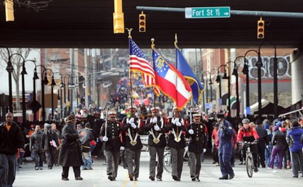 The King Week Holiday March makes its way down Auburn Avenue in Atlanta.