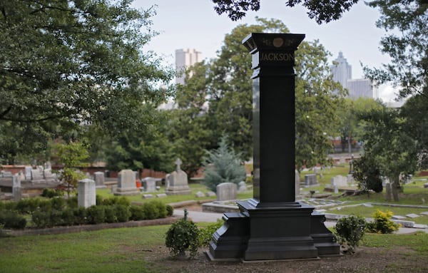 The 14.5-foot, 14-ton monument to Maynard Jackson in Oakland Cemetery. The obelisk is made of African-sourced honed black granite and sits on a platform of grey Georgia granite. BOB ANDRES /BANDRES@AJC.COM