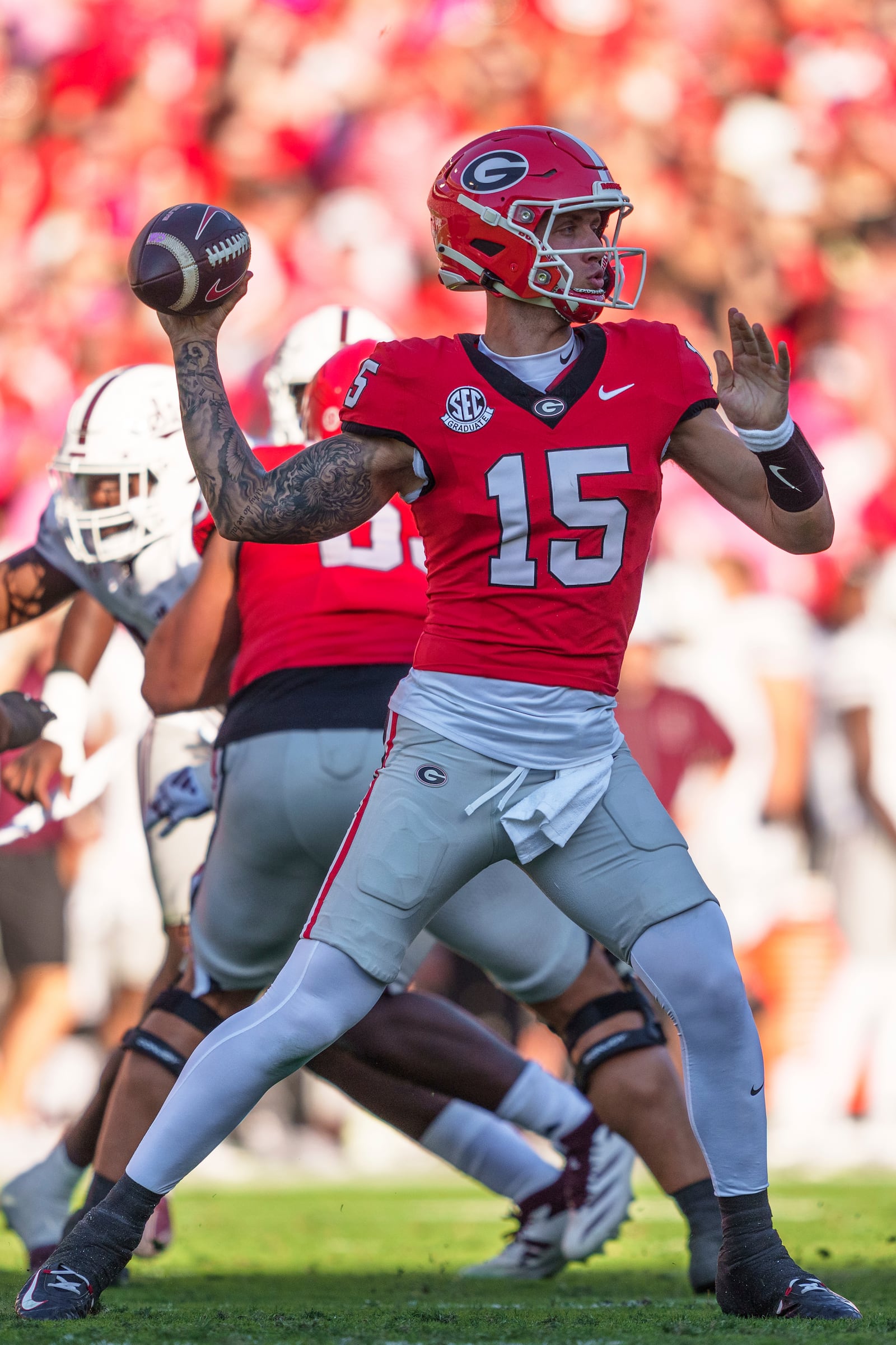 Georgia quarterback Carson Beck (15) throws the ball during an NCAA college football game against Mississippi State, Saturday, Oct. 12, 2024, in Athens, Ga. (AP Photo/Jason Allen)