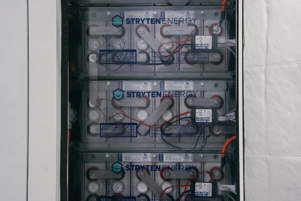 A stack of lithium-ion batteries are shown at the Alpharetta headquarters of Stryten Energy on Wednesday, August 23, 2023. (Photo by Olivia Bowdoin for the AJC).