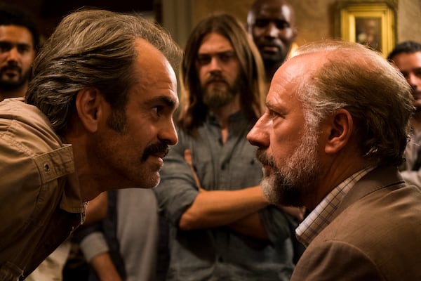 Xander Berkeley as Gregory, Tom Payne as Paul 'Jesus' Rovia, Steven Ogg as Simon - The Walking Dead _ Season 7, Episode 5 - Photo Credit: Gene Page/AMC