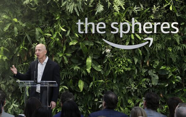 Jeff Bezos, the CEO and founder of Amazon.com, speaks during the grand opening of the Amazon Spheres, Monday, Jan. 29, 2018, in Seattle. (AP Photo/Ted S. Warren)